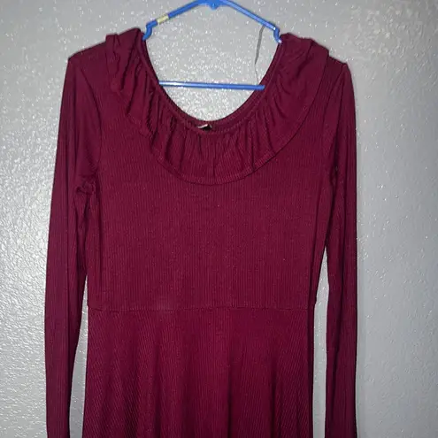 Wine Red Long Sleeve Fit & Flare Dress Women’s XXL Ruffle Neck Ribbed Knit