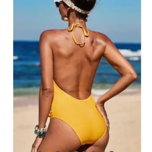 Lovey’s Boutique NEW Ember Yellow Pom Pom Mesh One Piece Swimsuit Size L Size L