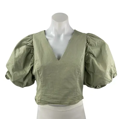 Endless Rose Women's Green Short Puff Sleeve Balloon V Neck Crop Blouse Top Sz L