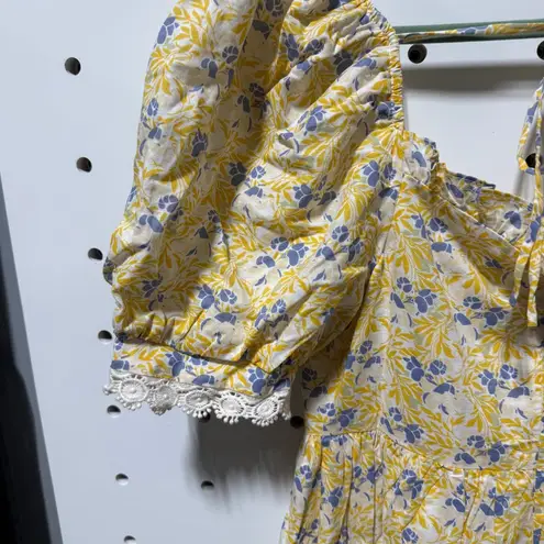 Just Me Knee length yellow and blue floral dress with lace detail size medium thumbnail 5