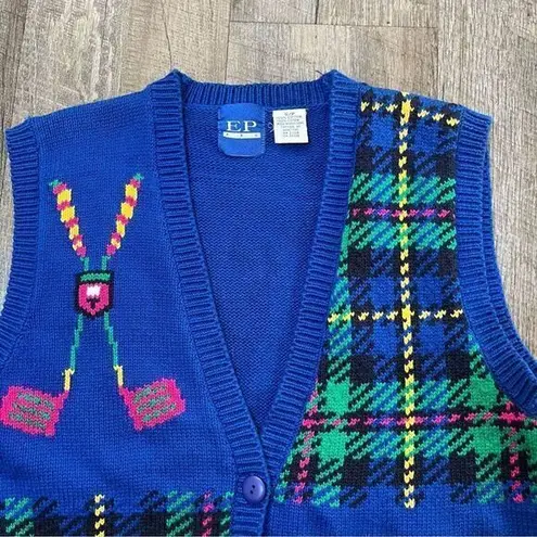 Vintage 90s Cottagecore Golf Plaid Knit Sweater Button Vest Size Small Unisex Blue