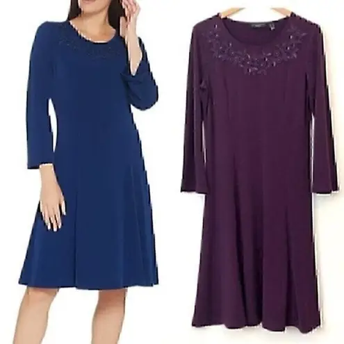 Susan Graver Artisan Liquid Knit Dress Purple Floral Beaded Embroidered Small S