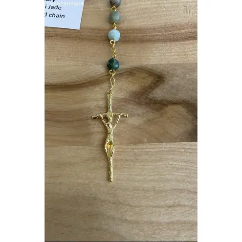 Handcrafted 20" Rosary 6mm Bead of Ching Hai Jade Gold Crucifix, Center, Chain