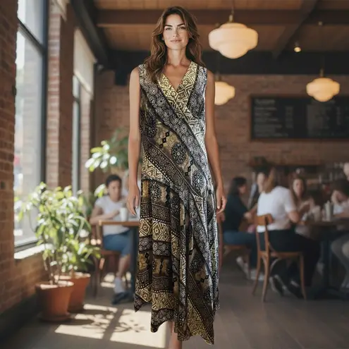 Rabbit Rabbit Rabbit Dress Midi Browns Aztec Sleeveless Sheer Lined Boho SZ 16 Brown