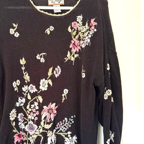 Vintage Retro Heirloom Collectibles Floral Sweater Ramie L Black Size L