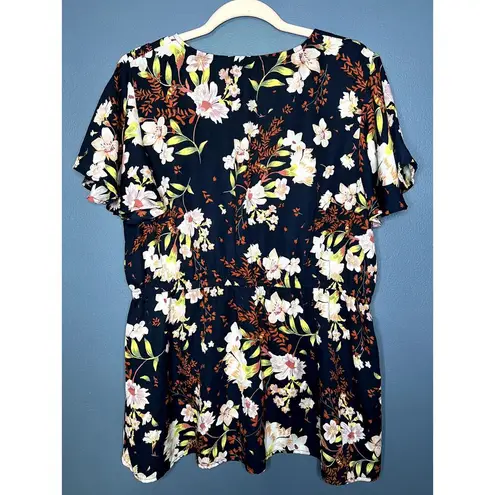 Fourteenth Place Hawaiian Floral Print Button Elastic Waist Bell Sleeve Top Blue