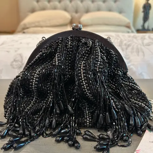 NWT Elegant Black Beaded Fringe Evening Clutch Crossbody Bag