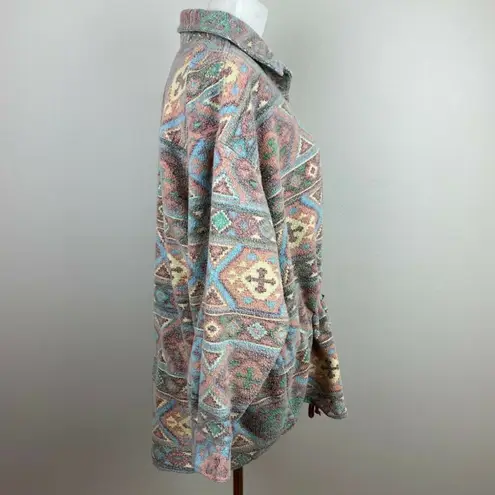 Forenza Fleece Shirt Jacket L Southwestern Printed Button Up Drawstring Vintage