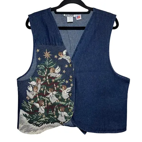 Vintage Christmas Tree Denim Vest Size Large Holiday Tapestry Angel Cherubs Star Blue