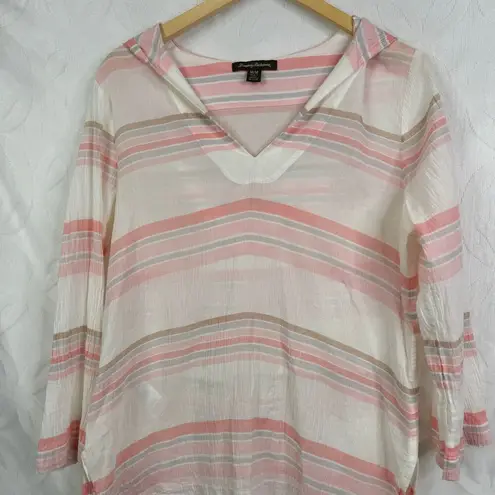 Tommy Bahama  Porta Stripe Tunic Top Size M White Pink Gauze Gauzy Hooded Beach