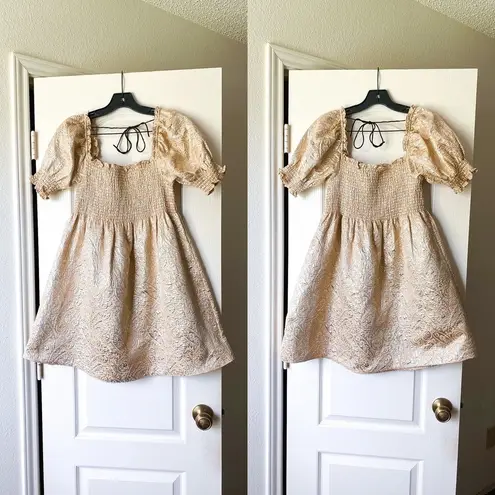 Hill House Dress Athena Nap Babydoll Smocked Mini Bridgerton Gold Brocade S GUC
