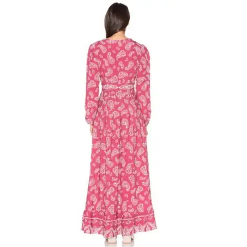 Majorelle Red Paisley Long Sleeve Gypset Boho Maxi Dress Size XS Deep V Neck