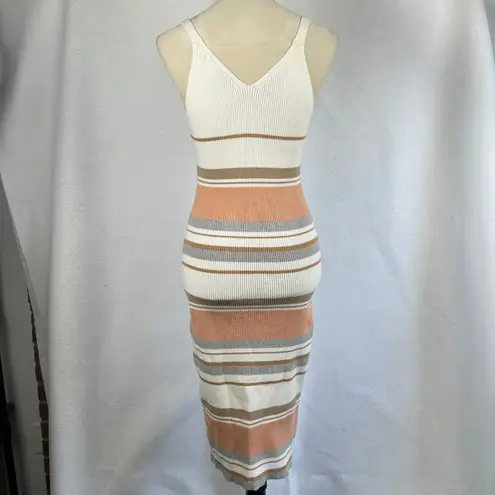 Striped Ribbed Knit Midi Dress Spaghetti Strap V Neck Bodycon Womens Small White