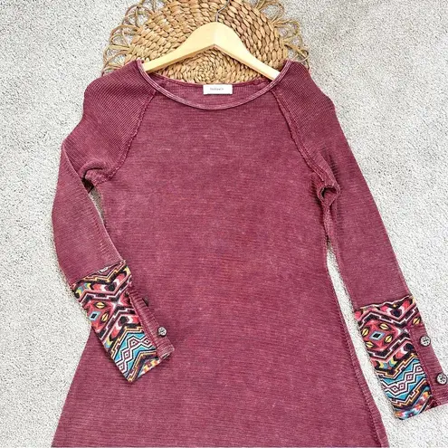 Hailey&Co Waffle Knit Washed Boho Burgundy Red Long Sleeve Mini Dress Size L Size L