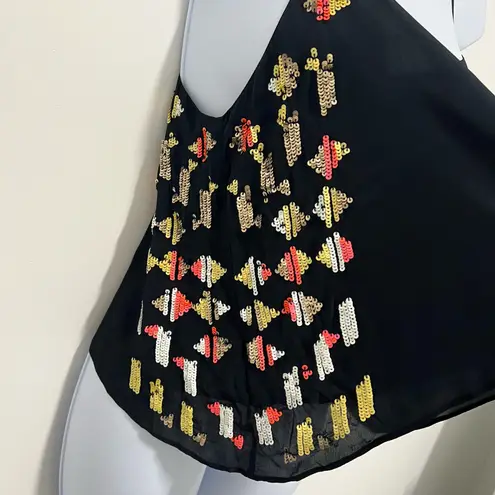Chelsea Flower Tank Top Black Multicolor Sequins Flowy XS Cruise Wear Boho Y2K