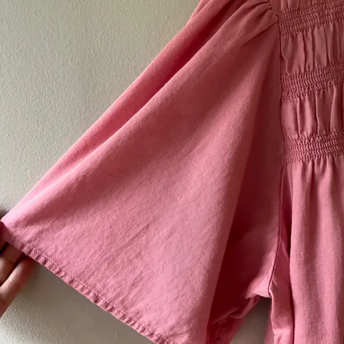 Gap  Sz XL Pink Smocked Flutter Sleeve Tee Shirt V Neck Blouse Pullover Top