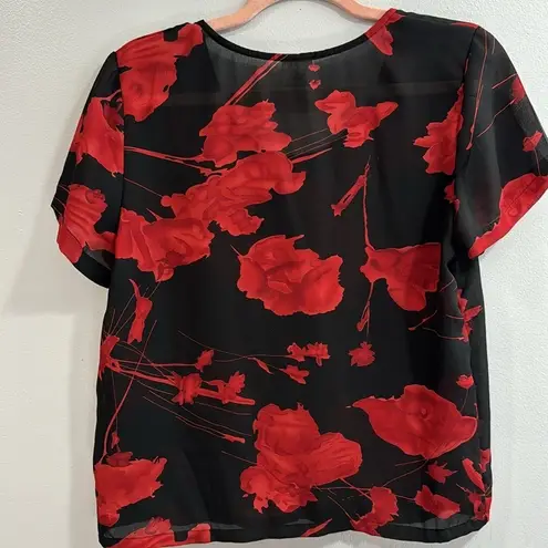 American Vintage Vintage Women's Premier Internation Y2K Sheer black top with red flowers Sz M