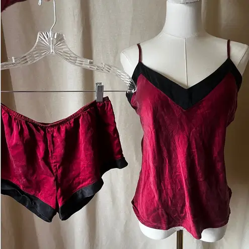 100% silk burgundy red & black camisole shorts pajama set women's XS/small