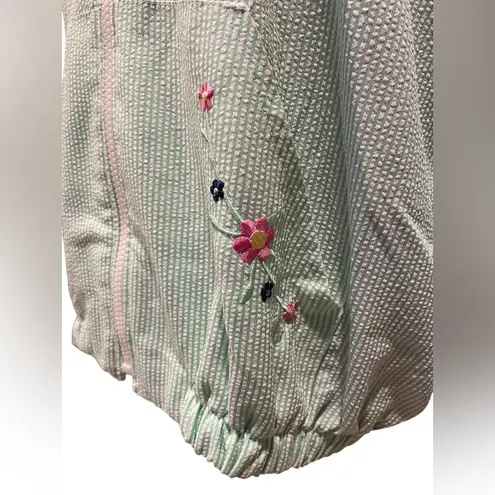 Blair Bright Green Preppy Coastal Seersucker Embroidered Boho Floral Zip Jacket