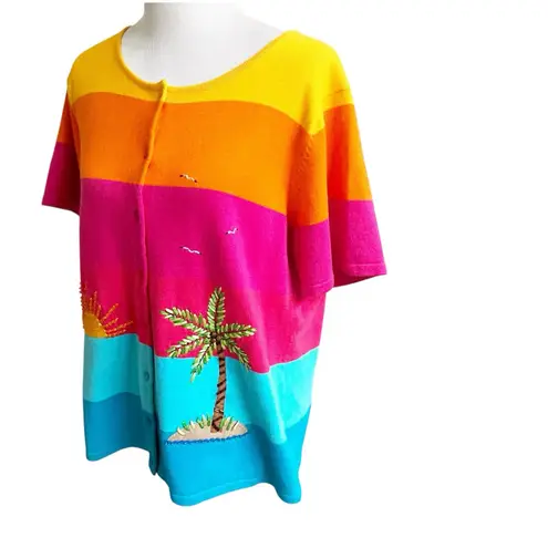 The Quacker Factory Beach Cardigan Short Sleeve Women Large Sun Sequin Beaded