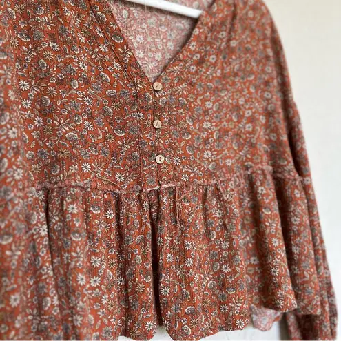 Prómesa Promesa Orange Floral Babydoll Flowy Cropped Long Sleeve