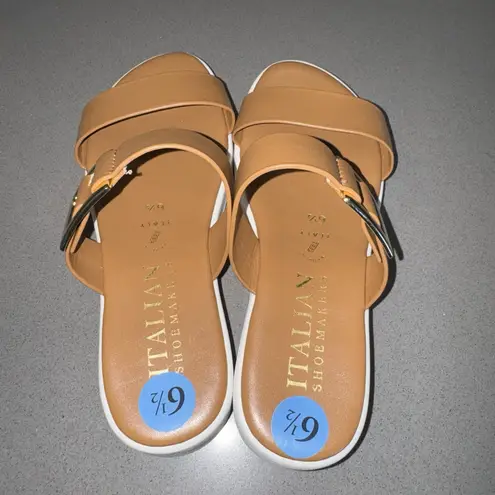 Italian Shoemakers Womans Leather Sandals Sz 6.5 Cognac Brown Slip On Made Italy