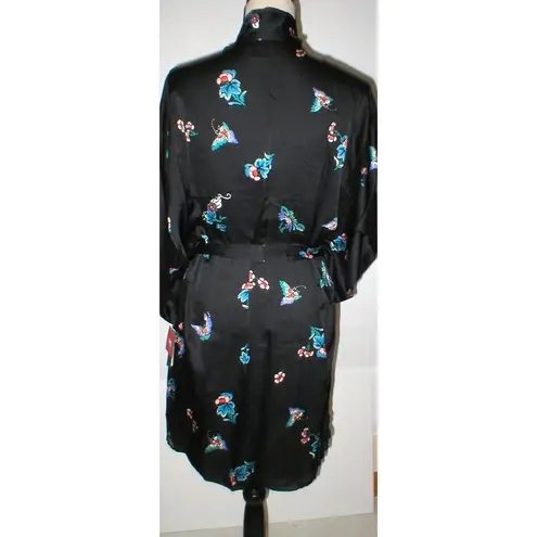 Natori NWT New Designer Short Wrap Robe Womens L Silky Satin Flowers Black Lace