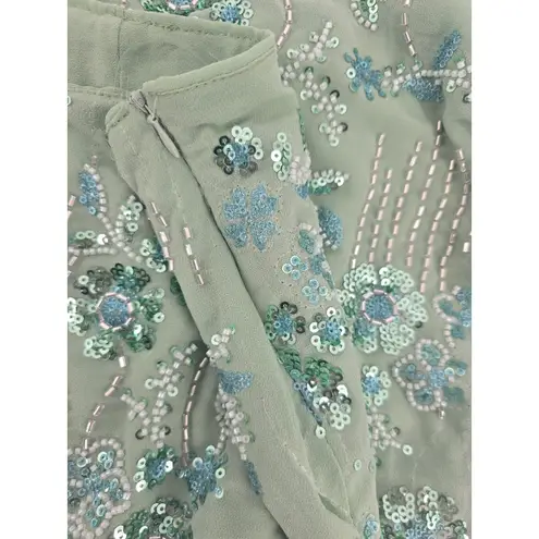 Pepper Mayo Corinna Sequin Maxi Skirt Mint Green Floral Beaded Size 12 US