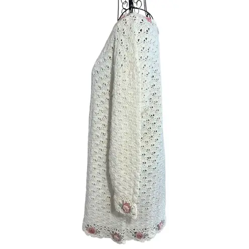 Vintage B. Moss Knitted by Hand Open Knit Floral Tunic Sweater Size Medium White