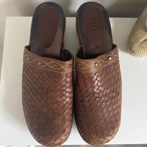 Ecco  Brown Braid Leather Clogs 41