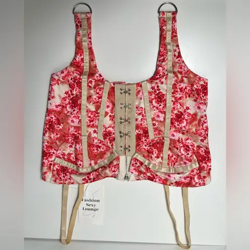 Floral Tapestry Print Coquette Fairycore Corset Top Bustier w/ Garter Straps Red