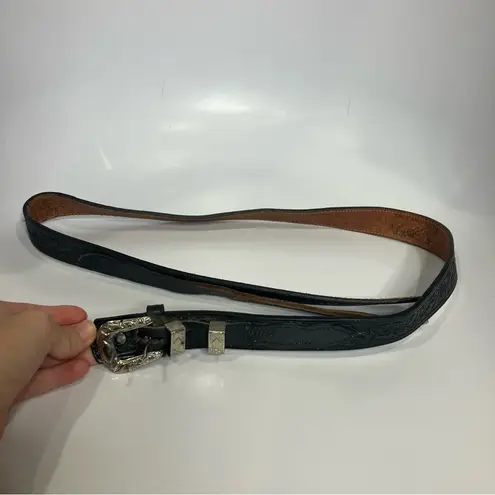 Western black embossed leather belt made in the USA silver buckle womens size 40