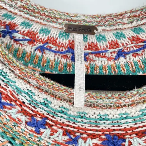 Free People  Embroidered Knit Tunic Top Cream Multi Color Bell Sleeve Boho Size S