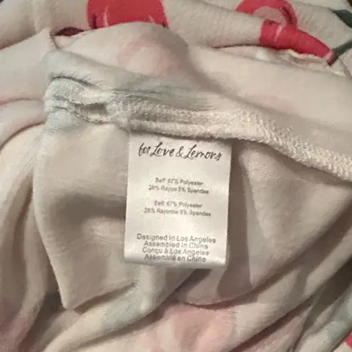 For Love & Lemons Wilma Midi Skirt Cherry Rose Print White Drawstring Ruched Red