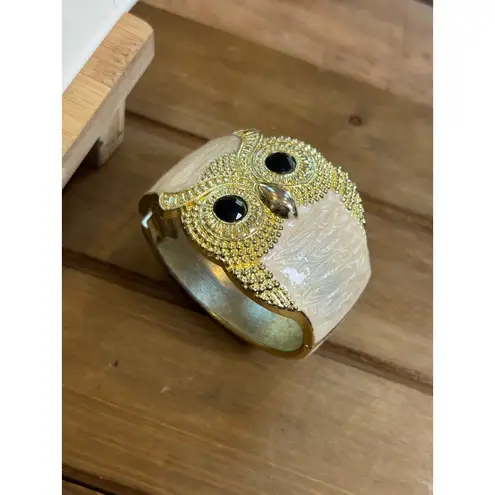 Gold & Ivory Owl Bangle Bracelet With Textured Detail