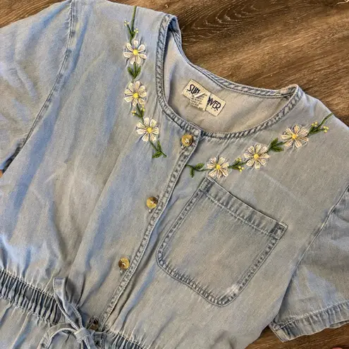 90s Denim Embroidered Romper Blue