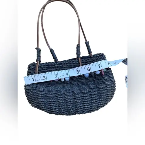 VTG Y2K Sun N Sand Small Straw Handbag With Natural Sea Glass Beads 8” Black