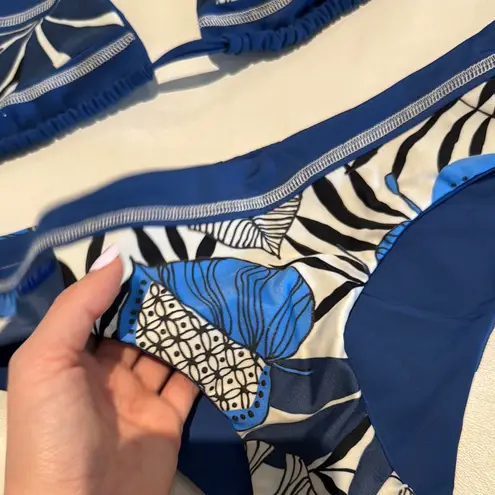 Women large Blue leaves pattern Bikini triangle top bottom Set stitching