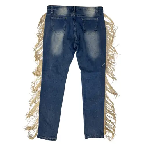 COWGIRL WESTERN Fringe Distressed Jeans Side Tasseled Streetwear Size Large Blue