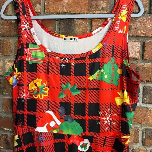 Womens sleeveless Christmas holiday party plaid swing skirt midi dress red XL