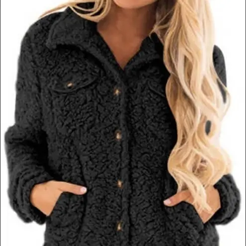 Black Sherpa Fleece Button Down Shacket Jacket NWT Size L