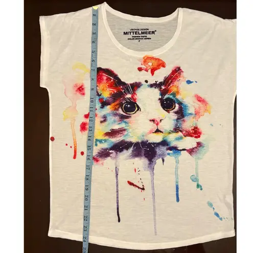 Kitty Mittelmeer Cat Graphic Tee Colorful Watercolor Print Short Sleeve Top F White Size L
