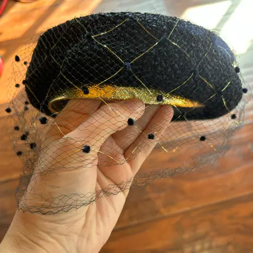 Vintage 50s Netted Straw Pillbox Hat Black