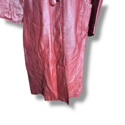 Vintage 70s Burgundy Leather Longline Trench Coat White Whipstitch Western Ranch Red