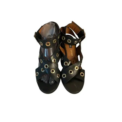 River Island ASOS Black Leather Heeled Sandals Gold Eyelet Detail Size 40 US 9