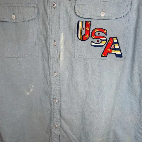 American Vintage Cricket of the Creek Womens short sleeve denim button up Embroidered Stars VTG M