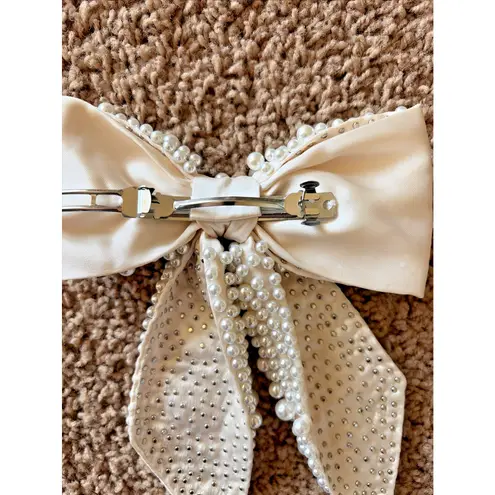 Ivory/Cream Allover Pearl Beaded Preppy Bridal Hair Bow Ribbon Clip Coquette