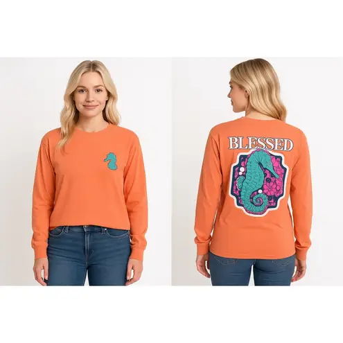 Women's Benny & Belle Long Sleeve Tee M Orange Blue Seahorse Size M