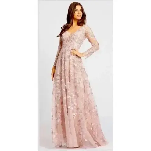 Mac Duggal NWT 70224 Pink Floral Applique Long Sleeve Illusion Gown Sz 10 $398