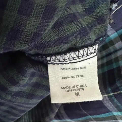 Sneak Peek Womens Sz M Blue Collared Plaid Frayed Raw Hem Button Up Shirt NWT Green Size M